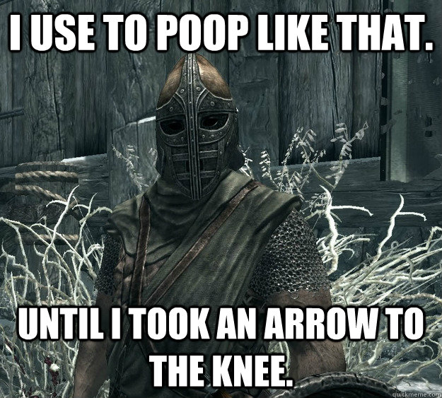 I use to poop like that. Until I took an arrow to the knee.  Skyrim Guard