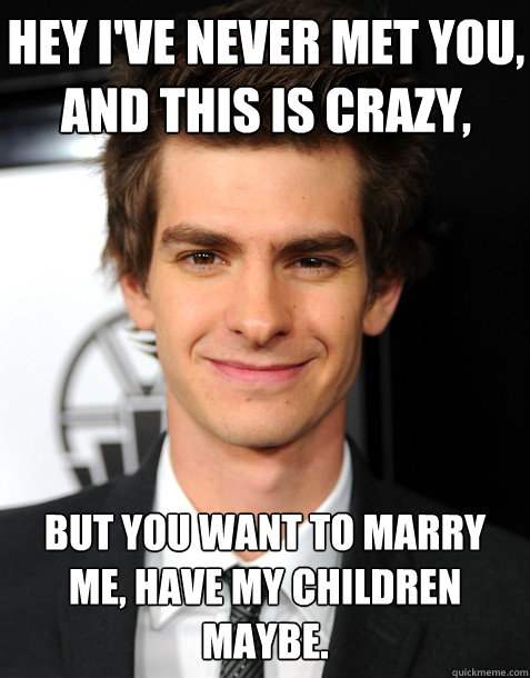 Hey i've never met you, and this is crazy, but you want to marry me, have my children maybe. - Hey i've never met you, and this is crazy, but you want to marry me, have my children maybe.  Overachieving Andrew Garfield