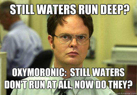 Still waters run deep? Oxymoronic:  Still waters don't run at all, now do they?  Schrute