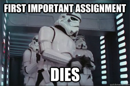 First Important assignment Dies  Freshman Stormtrooper