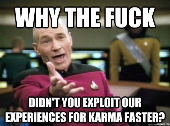 Why the fuck didn't you exploit our experiences for karma faster? - Why the fuck didn't you exploit our experiences for karma faster?  Misc
