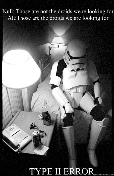 Null: Those are not the droids we're looking for
Alt:Those are the droids we are looking for TYPE II ERROR - Null: Those are not the droids we're looking for
Alt:Those are the droids we are looking for TYPE II ERROR  Depressed Stormtrooper