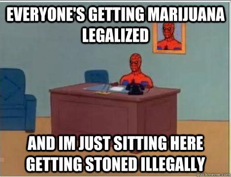 everyone's getting marijuana legalized and im just sitting here getting stoned illegally - everyone's getting marijuana legalized and im just sitting here getting stoned illegally  Spiderman Desk