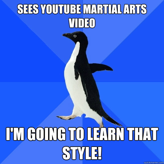 Sees youtube martial arts video I'm going to learn that style!  Socially Awkward Penguin