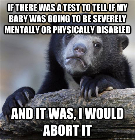 If there was a test to tell if my baby was going to be severely mentally or physically disabled and it was, I would abort it - If there was a test to tell if my baby was going to be severely mentally or physically disabled and it was, I would abort it  Confession Bear