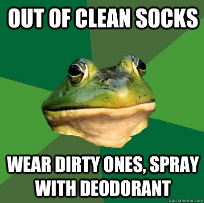 OUT OF clean SOCKS WEAR dirty ONES, SPRAY WITH DEODORANT  Foul Bachelor Frog