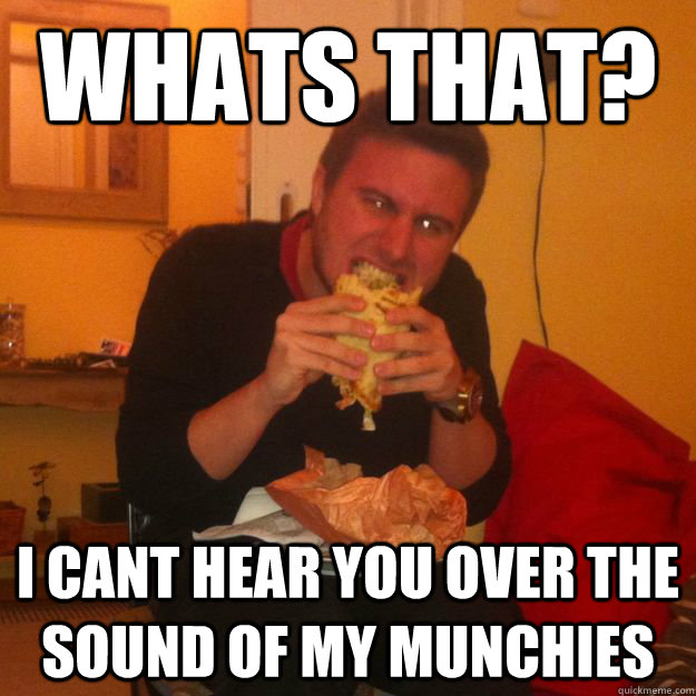 Whats that? I cant hear you over the sound of my munchies  Stoned Munchies Guy