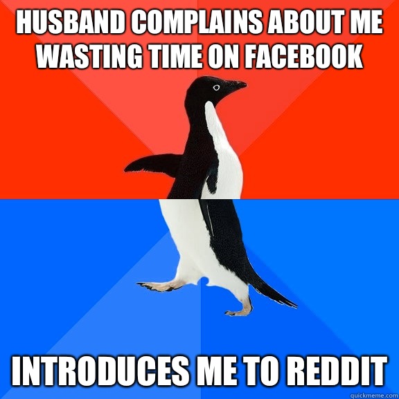 Husband complains about me wasting time on Facebook introduces me to reddit  Socially Awesome Awkward Penguin