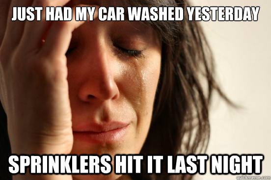 Just had my car washed yesterday Sprinklers hit it last night  First World Problems