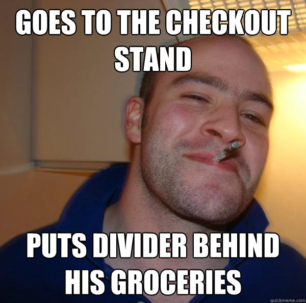Goes to the checkout stand Puts divider behind his groceries - Goes to the checkout stand Puts divider behind his groceries  Misc