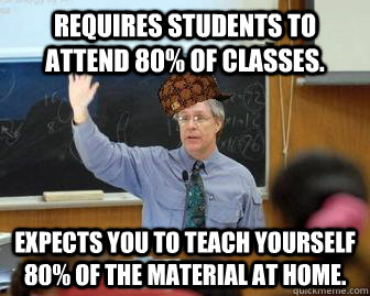 Requires students to attend 80% of classes. Expects you to teach yourself 80% of the material at home.  Scumbag Professor
