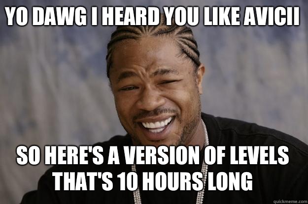 YO DAWG I heard you like Avicii so here's a version of levels that's 10 hours long  Xzibit meme
