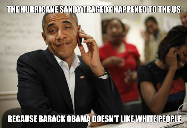 The Hurricane Sandy tragedy happened to the US Because Barack Obama Doesn't like White people  