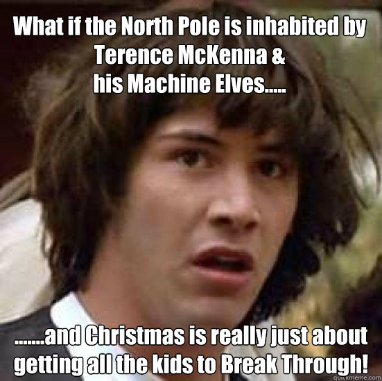 What if the North Pole is inhabited by Terence McKenna &
his Machine Elves..... .......and Christmas is really just about 
getting all the kids to Break Through!  conspiracy keanu