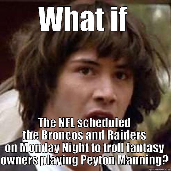 WHAT IF THE NFL SCHEDULED THE BRONCOS AND RAIDERS ON MONDAY NIGHT TO TROLL FANTASY OWNERS PLAYING PEYTON MANNING? conspiracy keanu