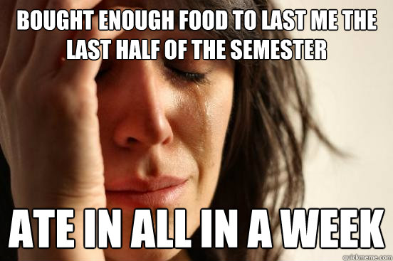Bought enough food to last me the last half of the semester Ate in all in a week  First World Problems