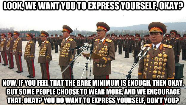 Look, we want you to express yourself, okay? Now, if you feel that the bare minimum is enough, then okay. But some people choose to wear more, and we encourage that, okay? You do want to express yourself, don't you?  North Korea Pieces Of Flair