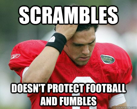 scrambles doesn't protect football and fumbles  Off The Mark Sanchez