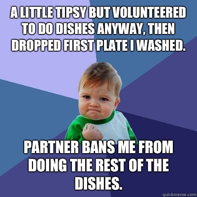 A little tipsy but volunteered to do dishes anyway, then dropped first plate I washed.  Partner bans me from doing the rest of the dishes.   Success Kid