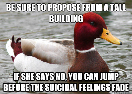 Be sure to propose from a tall building
 if she says no, you can jump before the suicidal feelings fade  Malicious Advice Mallard