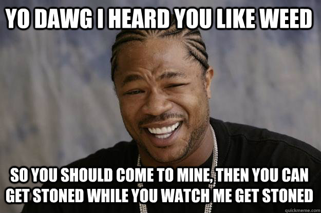 Yo dawg I heard you like weed So you should come to mine, then you can get stoned while you watch me get stoned  Xzibit meme