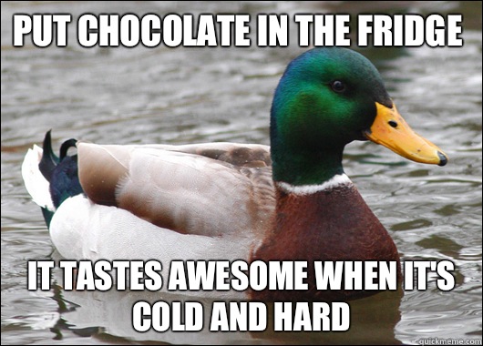 Put chocolate in the fridge It tastes awesome when it's cold and hard - Put chocolate in the fridge It tastes awesome when it's cold and hard  Actual Advice Mallard