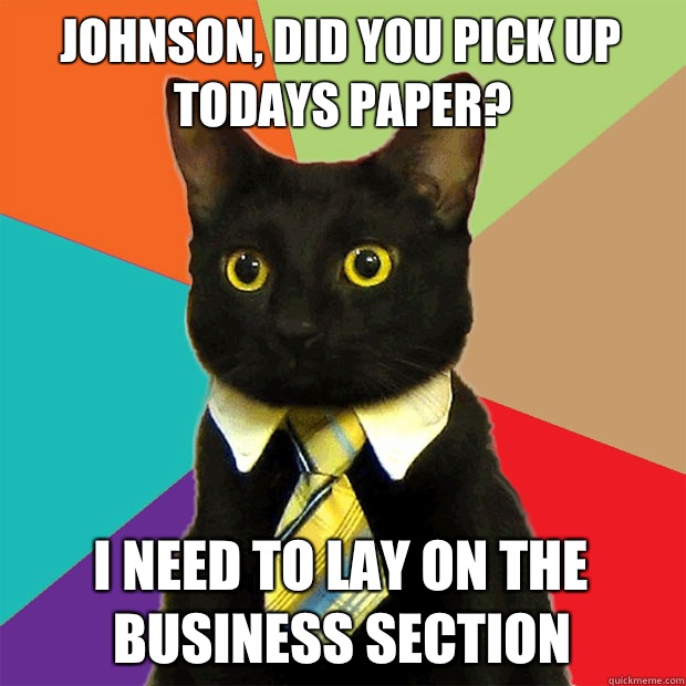 Johnson, did you pick up todays paper? I need to lay on the business section   Business Cat