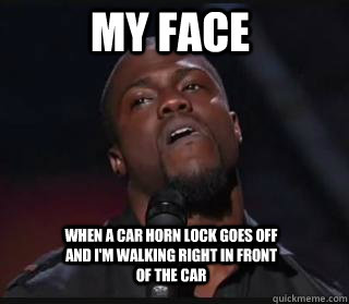 when a car horn lock goes off and i'm walking right in front of the car  my face  Kevin hart funny