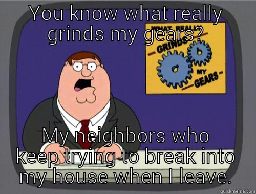 YOU KNOW WHAT REALLY GRINDS MY GEARS? MY NEIGHBORS WHO KEEP TRYING TO BREAK INTO MY HOUSE WHEN I LEAVE. Grinds my gears