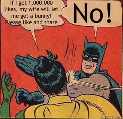 If I get 1,000,000 likes, my wife will let me get a bunny! Please like and share No!  Batman Slapping Robin