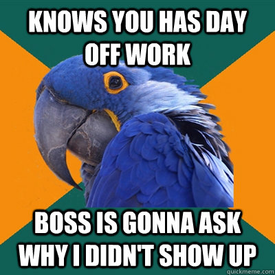 KNOWS YOU HAS DAY OFF WORK BOSS IS GONNA ASK WHY I DIDN'T SHOW UP  Paranoid Parrot