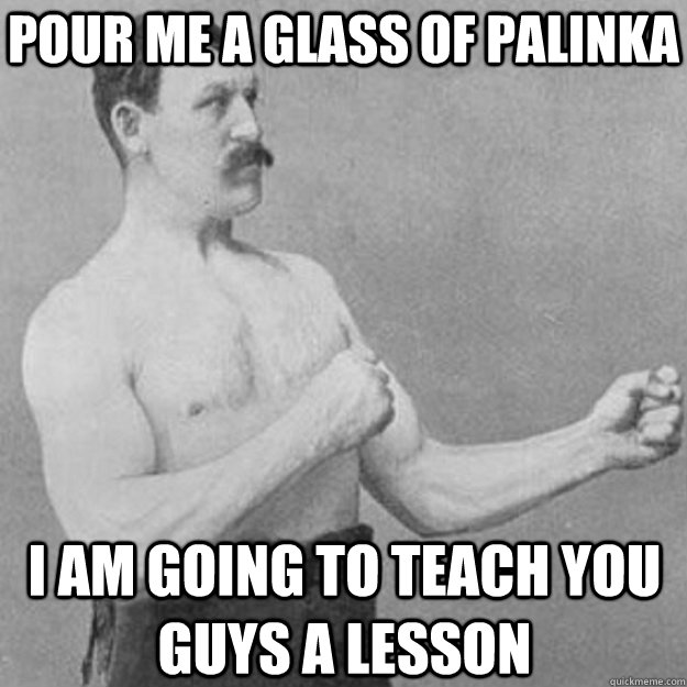pour me a glass of Palinka I am going to teach you guys a lesson  overly manly man