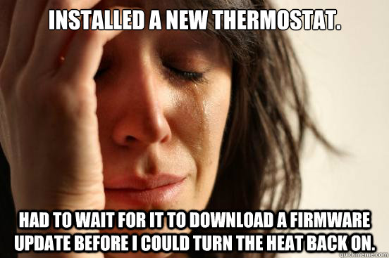 Installed a new thermostat. Had to wait for it to download a firmware update before I could turn the heat back on.  First World Problems
