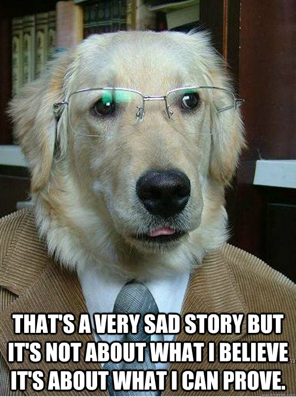 That's a very sad story but it's not about what I believe it's about what I can prove. - That's a very sad story but it's not about what I believe it's about what I can prove.  Famous Dog Lawyer