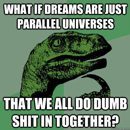 What if dreams are just parallel universes that we all do dumb shit in together?  Philosoraptor