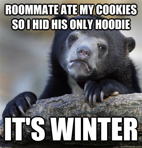 Roommate ate my cookies so I hid his only hoodie it's winter  Confession Bear