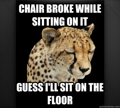 chair broke while sitting on it guess i'll sit on the floor - chair broke while sitting on it guess i'll sit on the floor  Defeated Cheetah