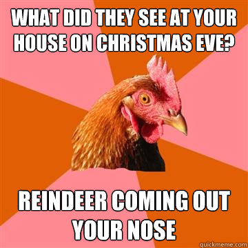 what did they see at your house on christmas eve? reindeer coming out your nose  Anti-Joke Chicken
