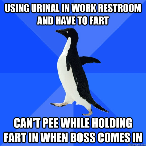 Using urinal in work restroom and have to fart can't pee while holding fart in when boss comes in  Socially Awkward Penguin