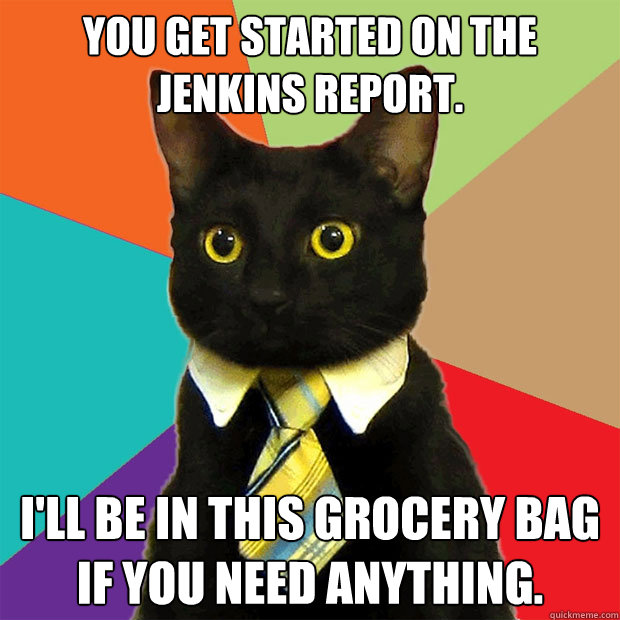 You get started on the Jenkins Report. I'll be in this grocery bag if you need anything.  Business Cat