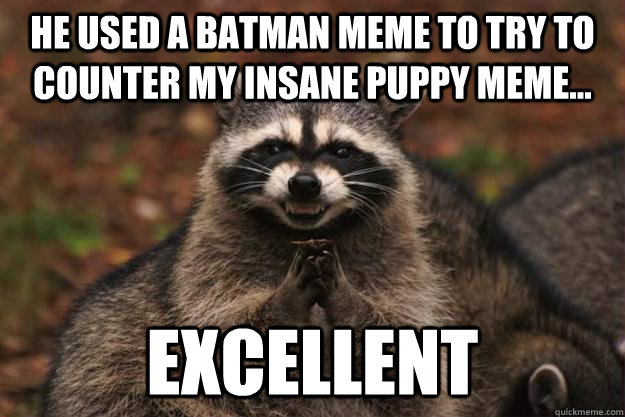 he used a batman meme to try to counter my insane puppy meme... excellent - he used a batman meme to try to counter my insane puppy meme... excellent  Evil Plotting Raccoon