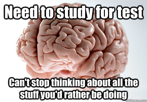 Need to study for test Can't stop thinking about all the stuff you'd rather be doing  Scumbag Brain
