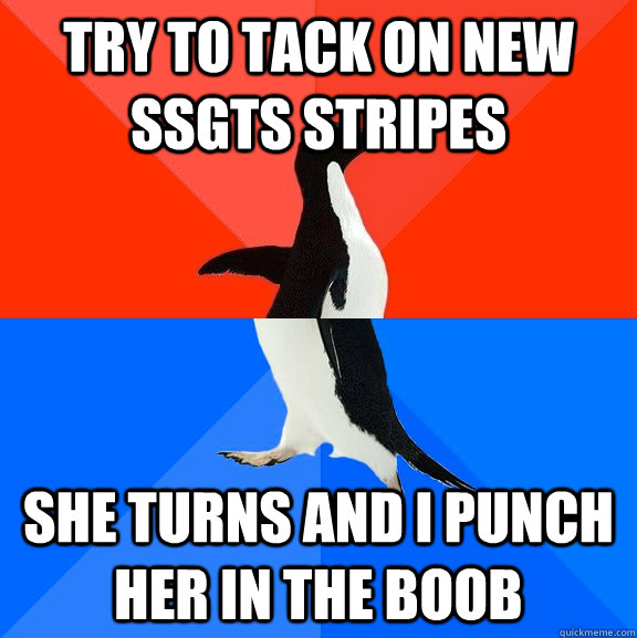 Try to tack on new SSgts stripes she turns and I punch her in the boob  Socially Awesome Awkward Penguin