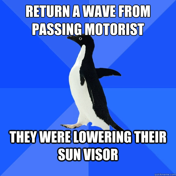 RETURN A WAVE FROM PASSING MOTORIST THEY WERE LOWERING THEIR SUN VISOR  Socially Awkward Penguin