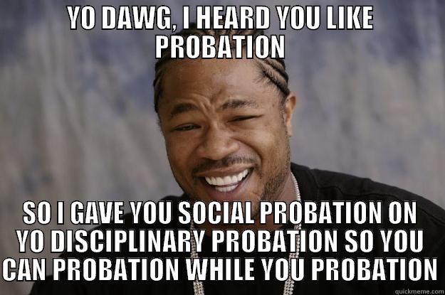 Probation on probation - YO DAWG, I HEARD YOU LIKE PROBATION SO I GAVE YOU SOCIAL PROBATION ON YO DISCIPLINARY PROBATION SO YOU CAN PROBATION WHILE YOU PROBATION Xzibit meme