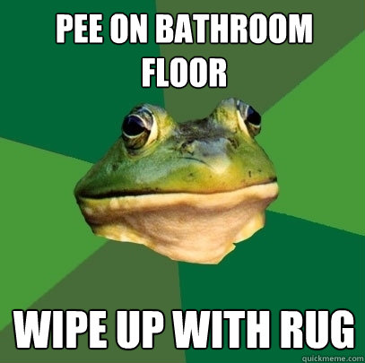Pee on bathroom floor wipe up with rug  Foul Bachelor Frog