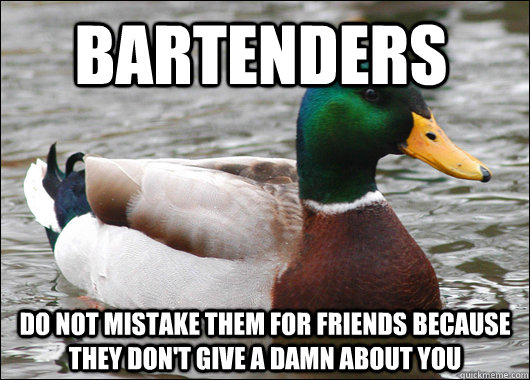 Bartenders do not mistake them for friends because they don't give a damn about you  Actual Advice Mallard