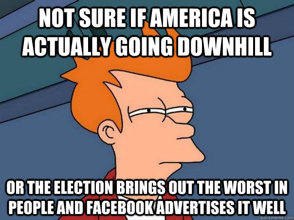 Not sure if america is actually going downhill Or the election brings out the worst in people and Facebook advertises it well  Futurama Fry