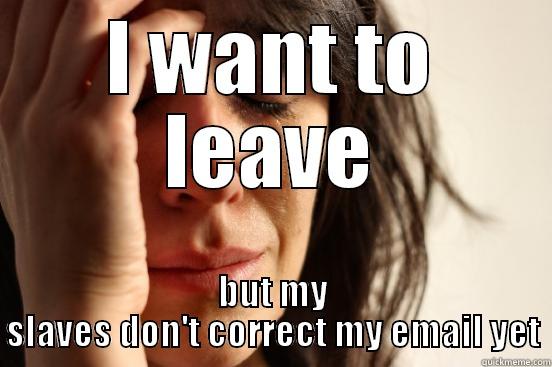 I WANT TO LEAVE BUT MY SLAVES DON'T CORRECT MY EMAIL YET First World Problems