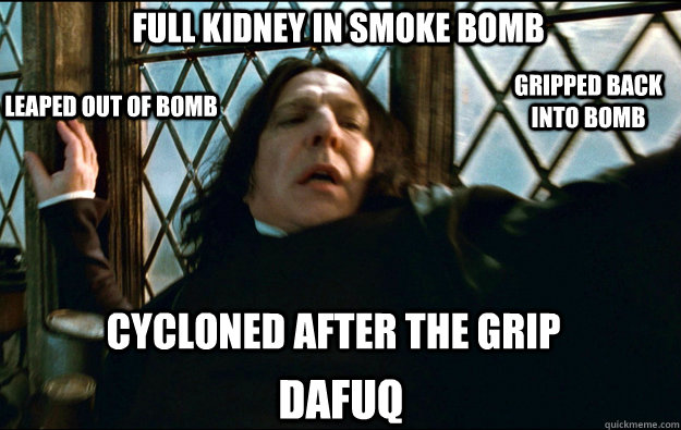   dafuq Full Kidney in Smoke Bomb Leaped out of bomb Gripped Back into bomb Cycloned after the grip DAFUQ  Snape Dafuq